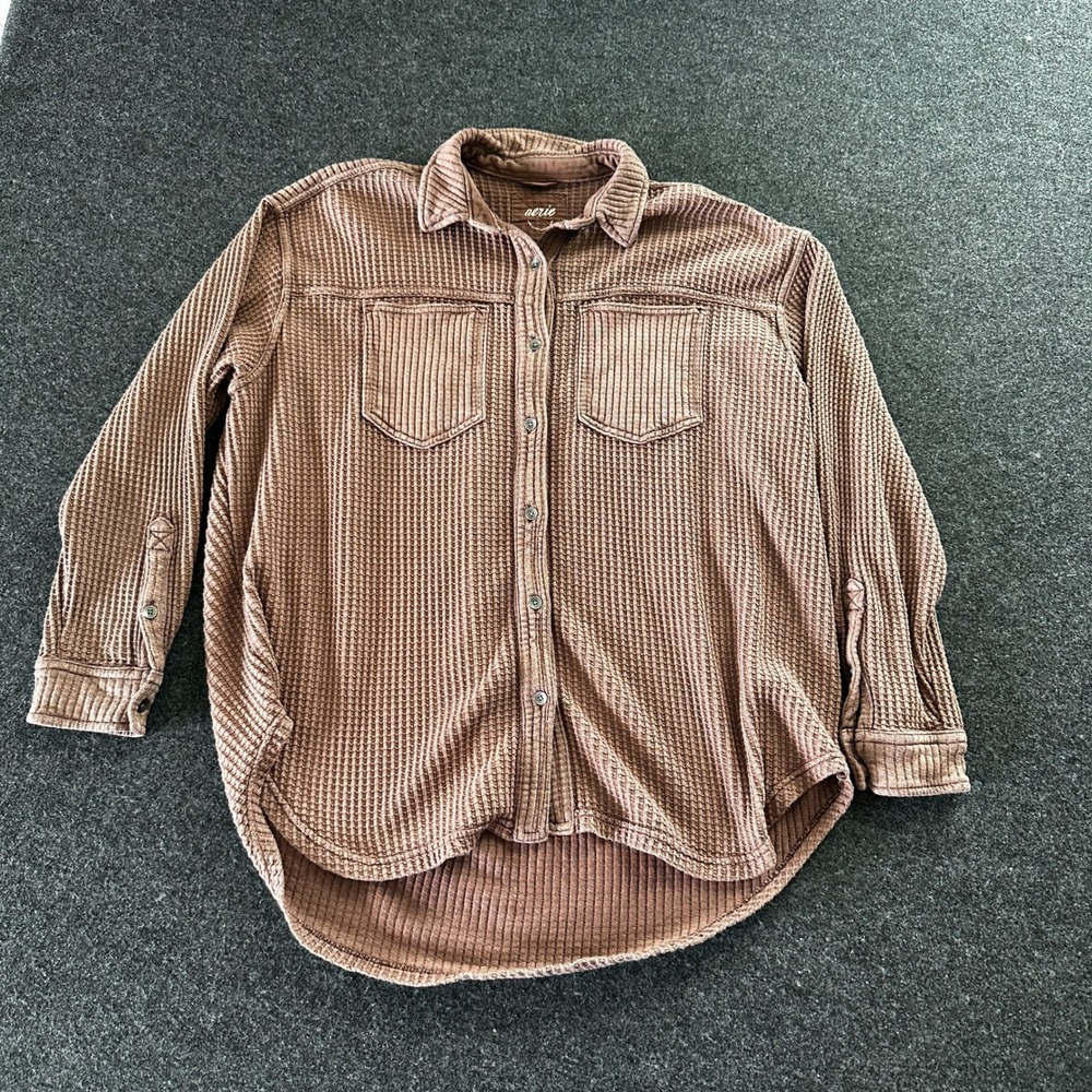 Aerie Women Brown Waffle Knit Oversized Button Down Shirt Shacket Small